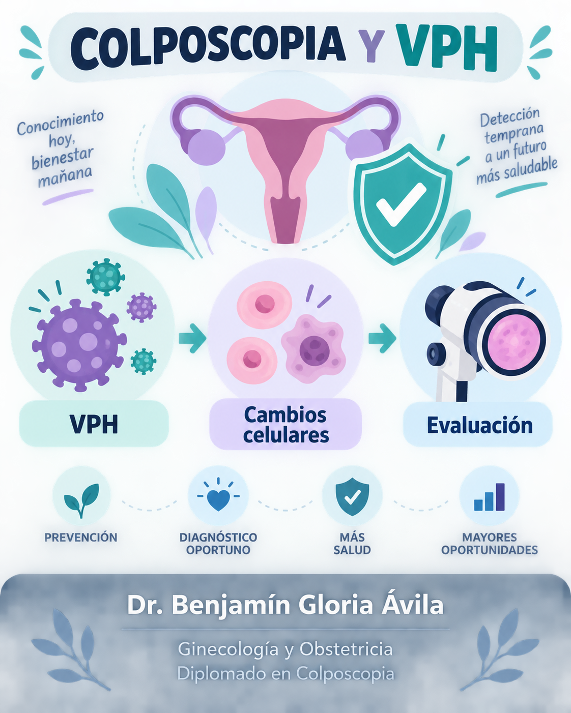 Diagrama del VPH, los cambios celulares y la evaluación mediante colposcopia.