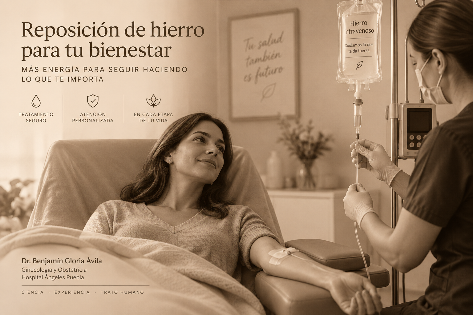 Ilustración de una paciente recibiendo una infusión intravenosa para reponer hierro.