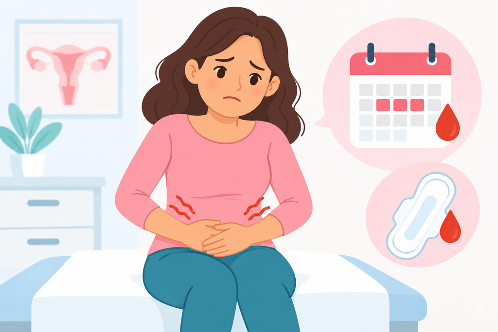 Hiperplasia endometrial: síntomas, diagnóstico y tratamiento Caricatura de una mujer con molestias abdominales junto a un calendario menstrual.