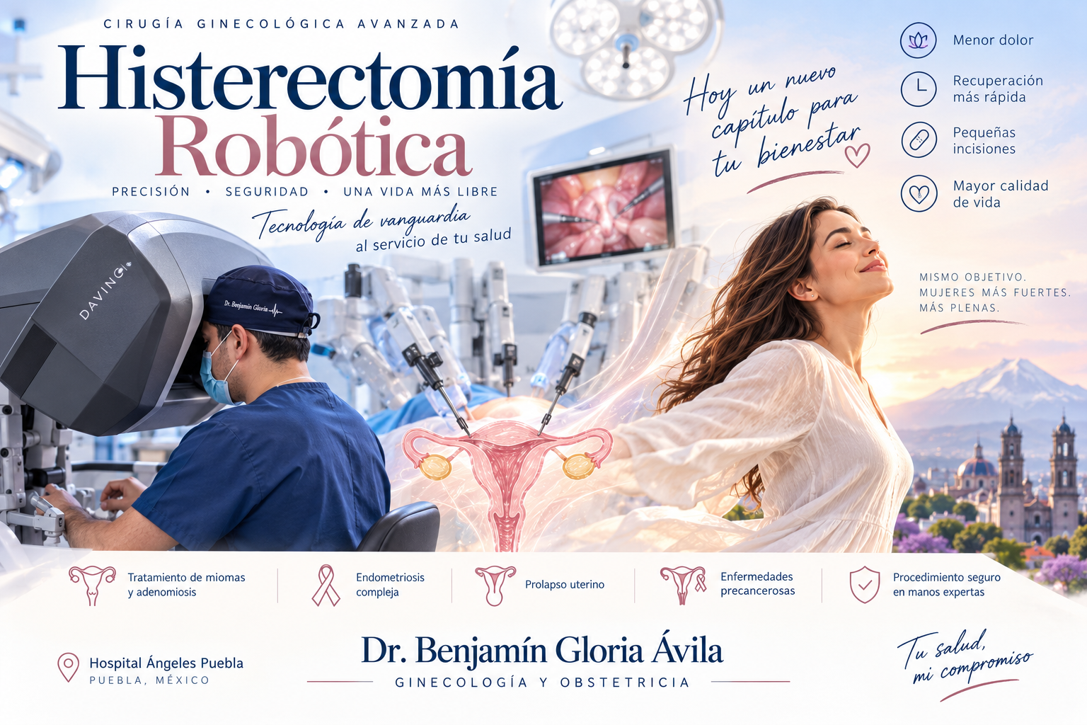 Ilustración de una paciente y un robot quirúrgico para explicar la histerectomía robótica.