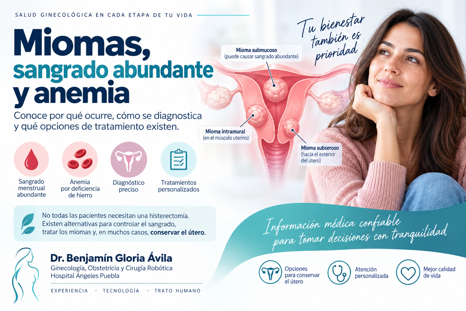 Miomas, sangrado abundante y anemia: cuándo preocuparse y cómo tratarlos Ilustración del útero con miomas y una mujer con cansancio asociado con anemia.