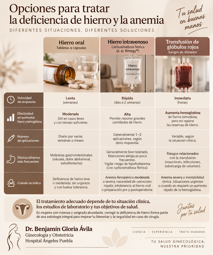Infografía sobre opciones para tratar la deficiencia de hierro y la anemia.