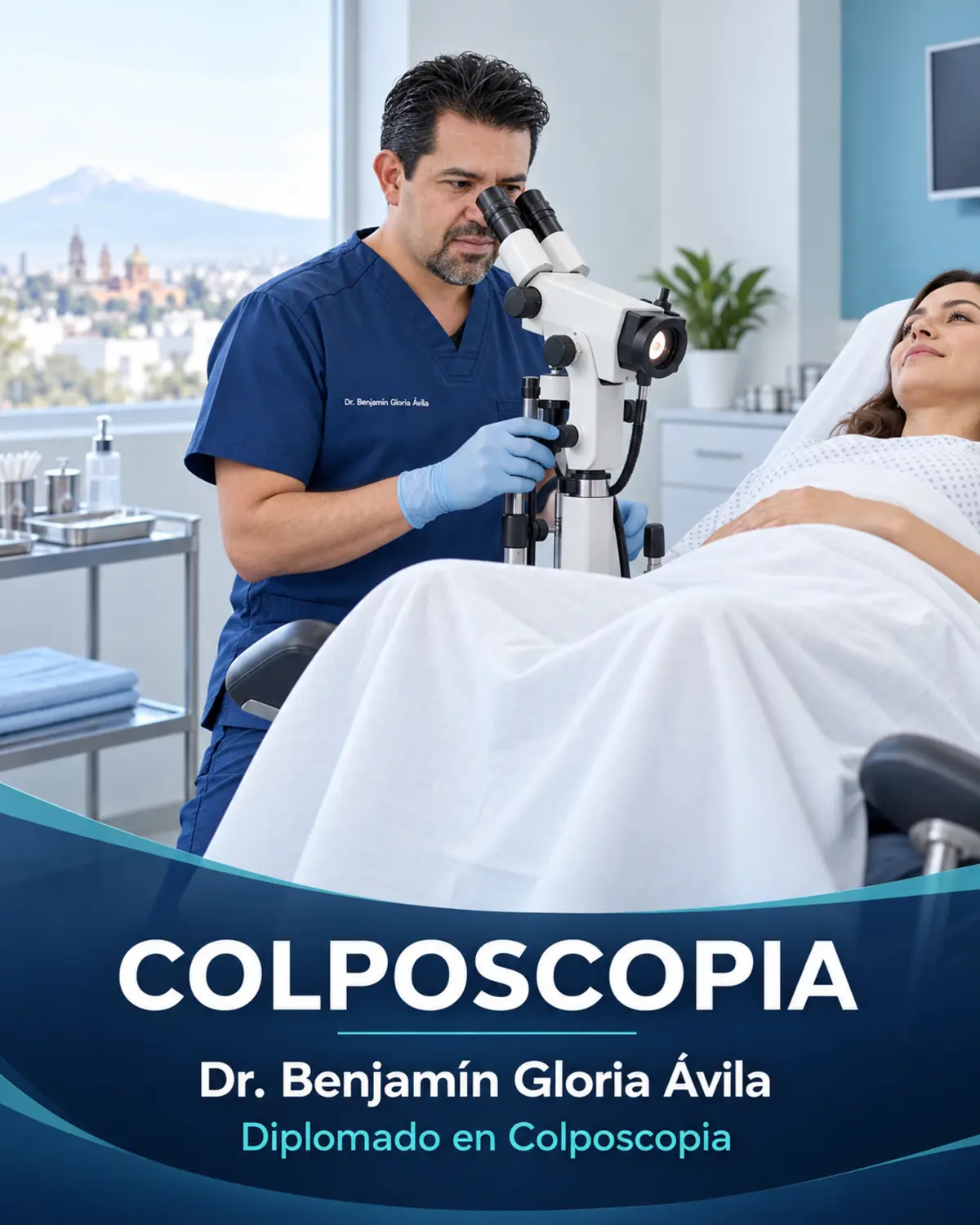 Ilustración de un médico utilizando un colposcopio durante una exploración ginecológica.
