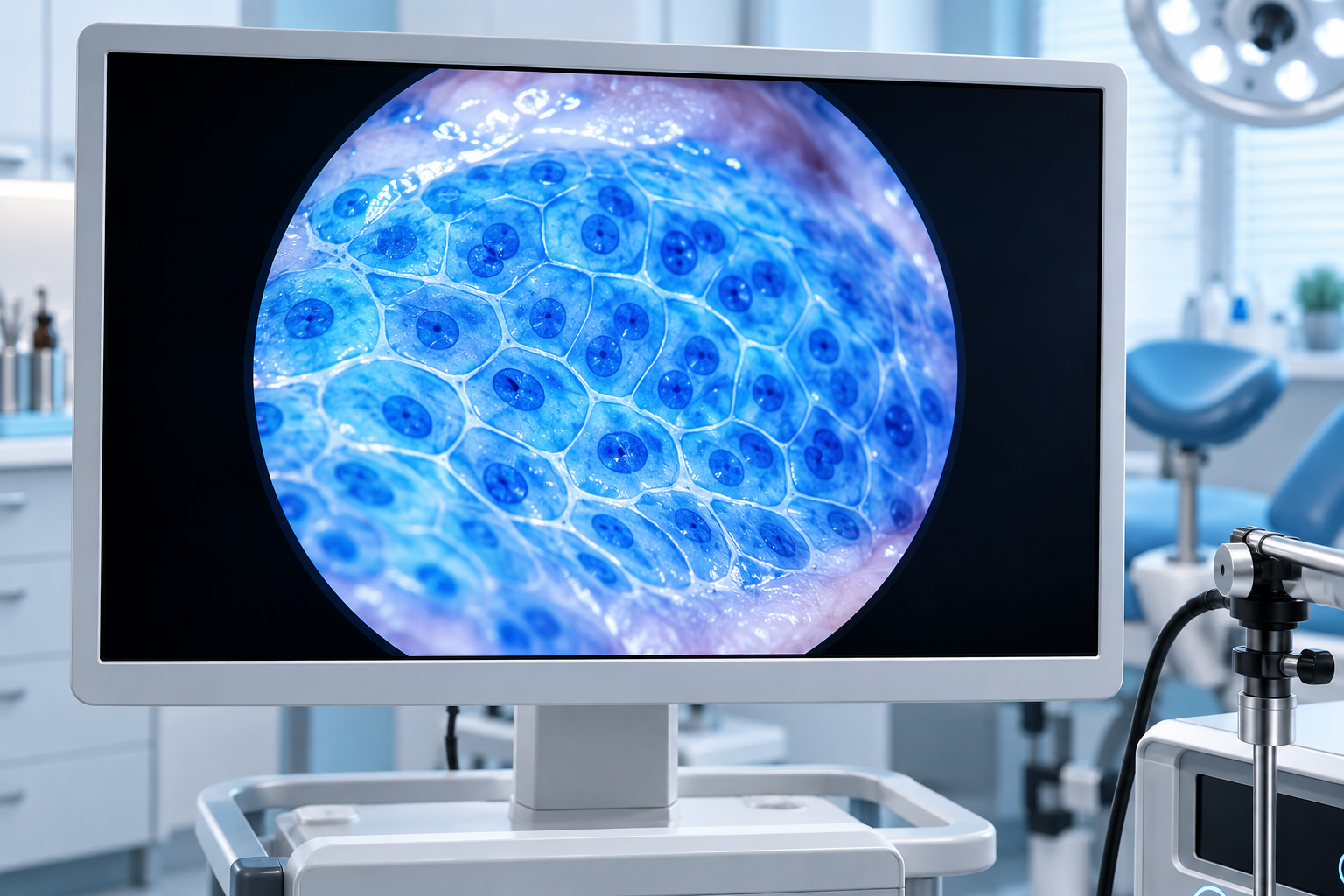 Microcolpohisteroscopia con células cervicales teñidas de azul en pantalla de histeroscopia
