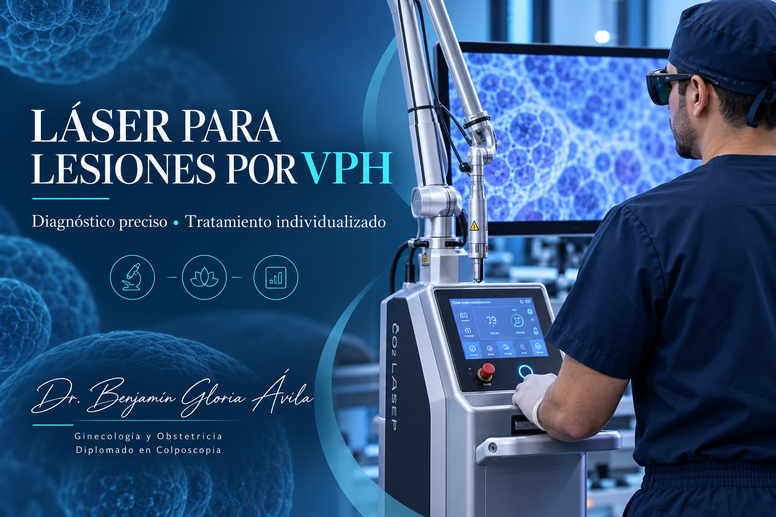 Ilustración de un médico utilizando equipo láser para tratar lesiones relacionadas con el VPH.