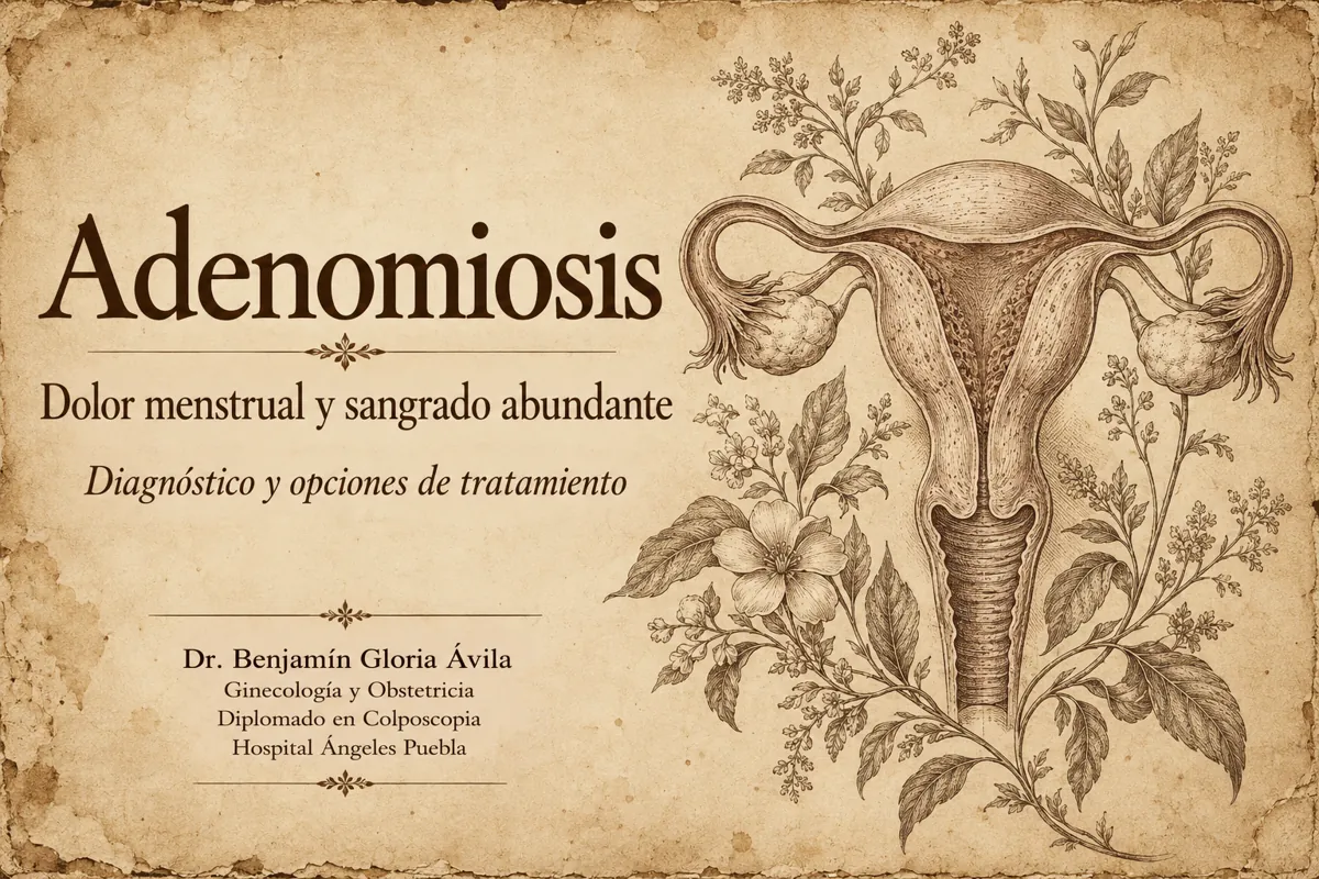 Adenomiosis Ilustración del útero en estilo de grabado sepia sobre papel antiguo, para un artículo sobre adenomiosis.