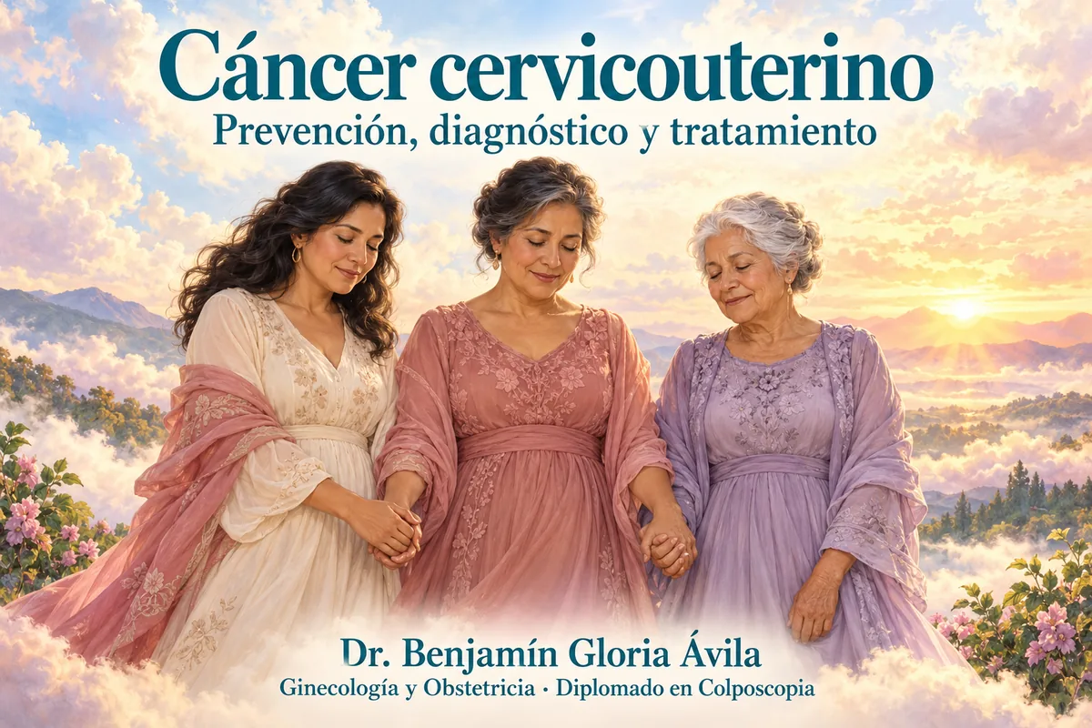Tres mujeres de distintas edades tomadas de la mano, con los ojos cerrados en actitud de oración, rodeadas de nubes y luz cálida.
