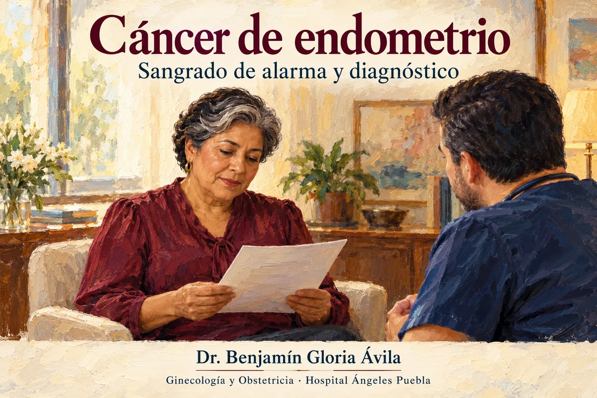 Pintura al óleo de una mujer madura revisando un documento durante una consulta con un ginecólogo.