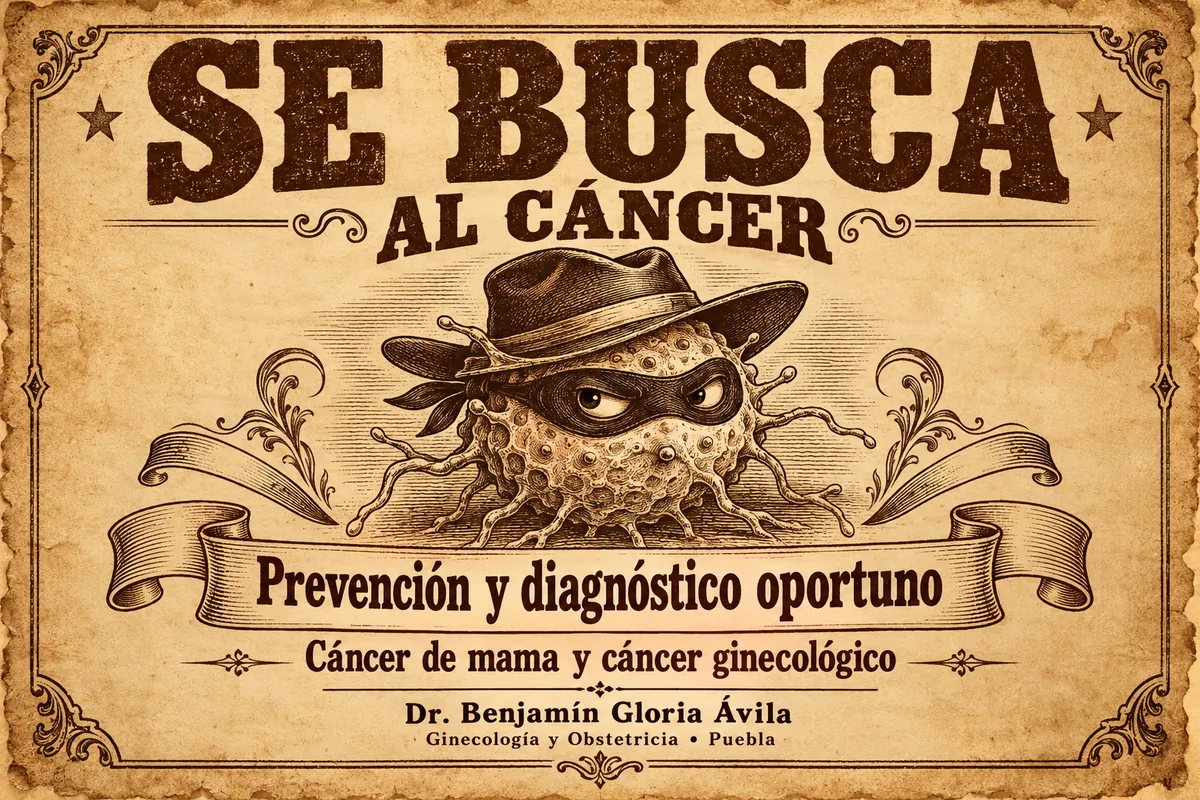 cancer mama Cartel en papel antiguo con el mensaje «Se busca al cáncer» y una célula caricaturizada como ladrón.