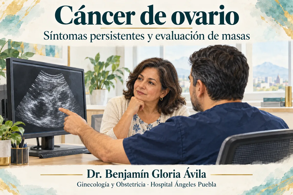Mujer adulta observando una imagen de ultrasonido mientras un ginecólogo señala la pantalla durante una consulta.