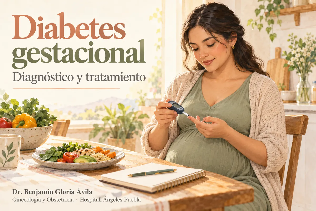 Mujer embarazada midiendo su glucosa con un glucómetro junto a una comida saludable.