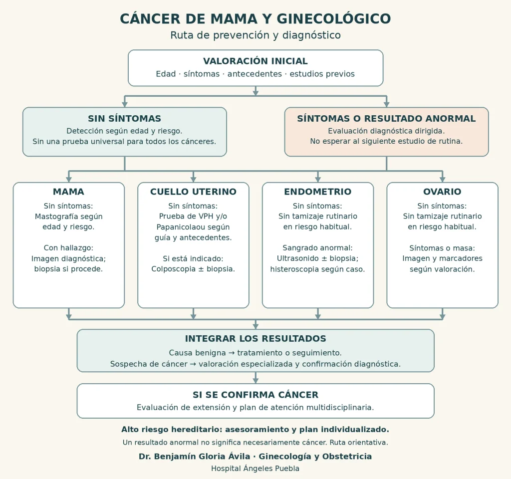 Diagrama de flujo sobre detección y evaluación diagnóstica del cáncer de mama, cuello uterino, endometrio y ovario según síntomas y riesgo.