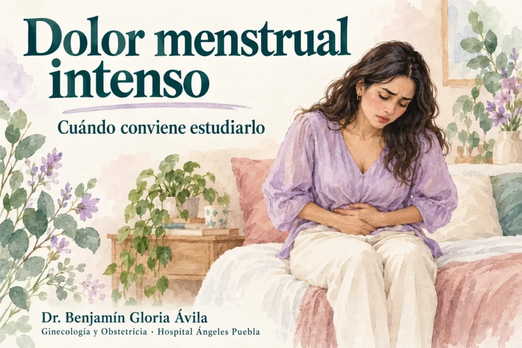 Dolor menstrual intenso: cuándo conviene estudiarlo Acuarela de una mujer sentada en una cama, sosteniendo la parte baja del abdomen con expresión de dolor menstrual.