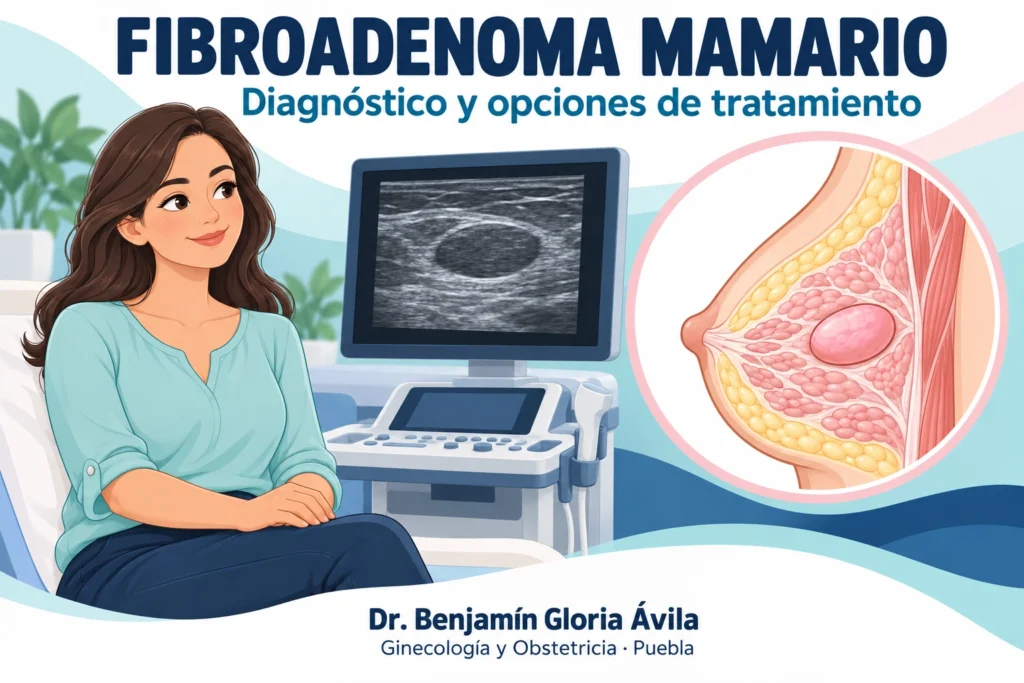 Ilustración de una mujer junto a un ultrasonido y un esquema de la mama con un nódulo.