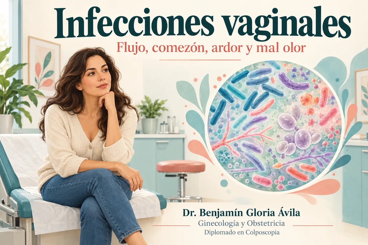 Mujer en consulta ginecológica junto a una ilustración de la microbiota vaginal.