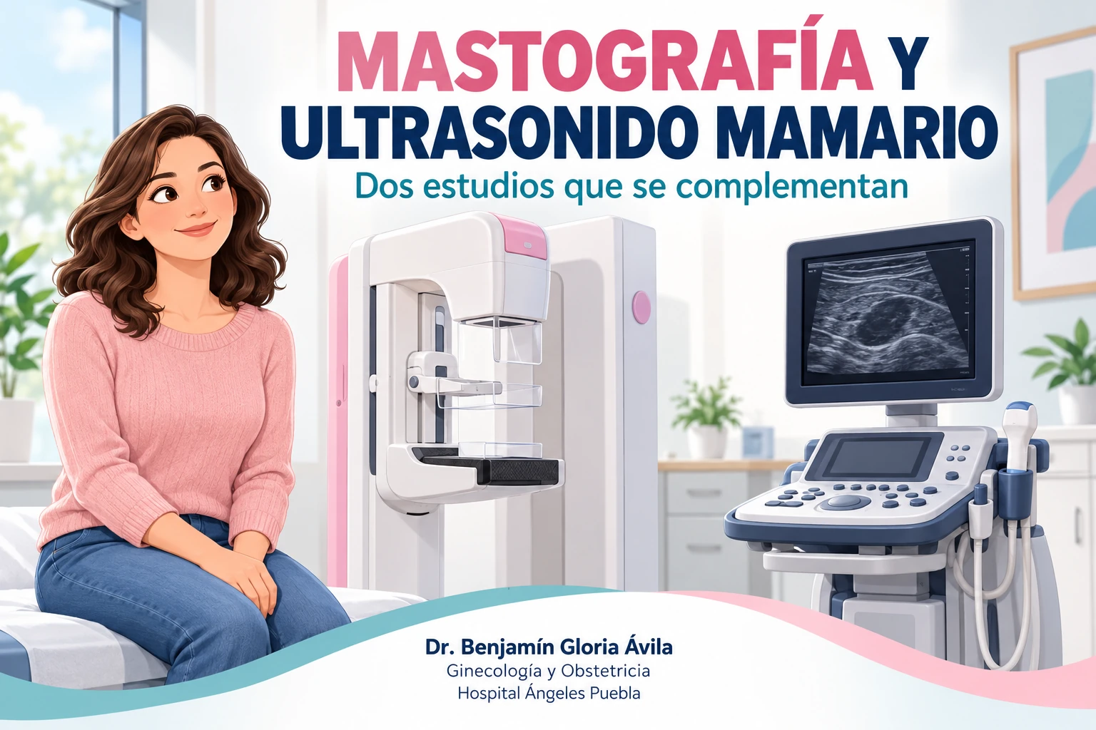 Mastografía y ultrasonido mamario: diferencias y cuándo se necesitan Caricatura de una mujer junto a equipos de mastografía y ultrasonido mamario.