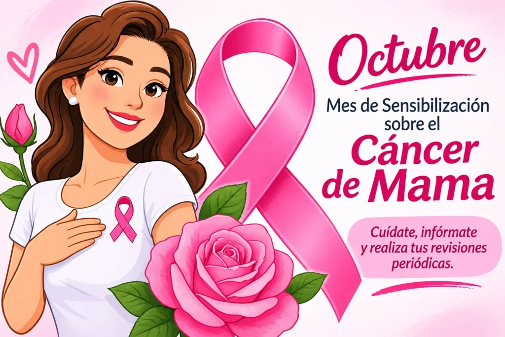 Octubre, mes de sensibilización sobre el cáncer de mama, ilustración con listón rosa para promover la detección oportuna.