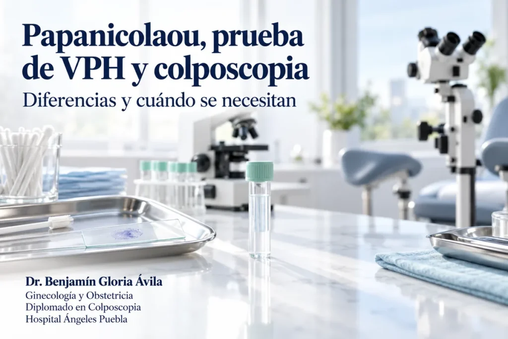 Ilustración de material para citología, pruebas de laboratorio y un colposcopio.
