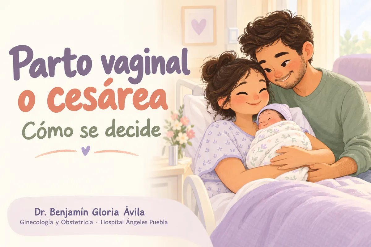 Ilustración de una madre sosteniendo a su recién nacido, acompañada por su pareja en una habitación de maternidad.