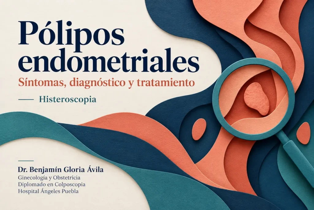 Ilustración en relieve con formas que representan pólipos endometriales y una lupa.