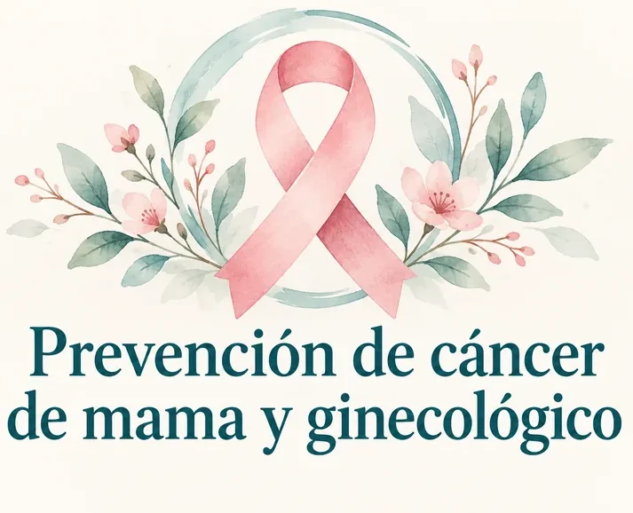 Listón rosa en acuarela con el texto «Prevención de cáncer de mama y ginecológico.