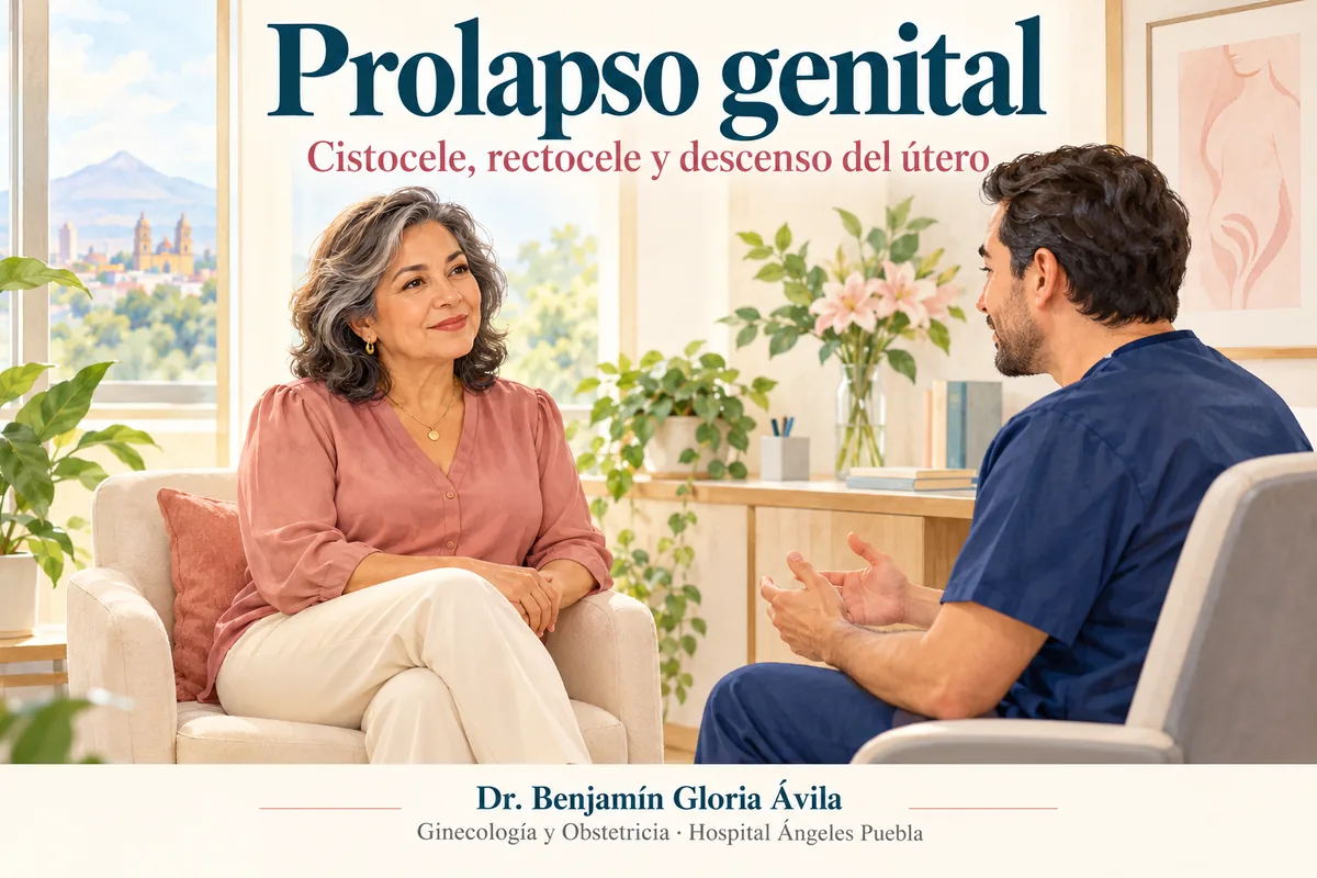 Ilustración de una mujer adulta conversando con un ginecólogo durante una consulta sobre prolapso genital.