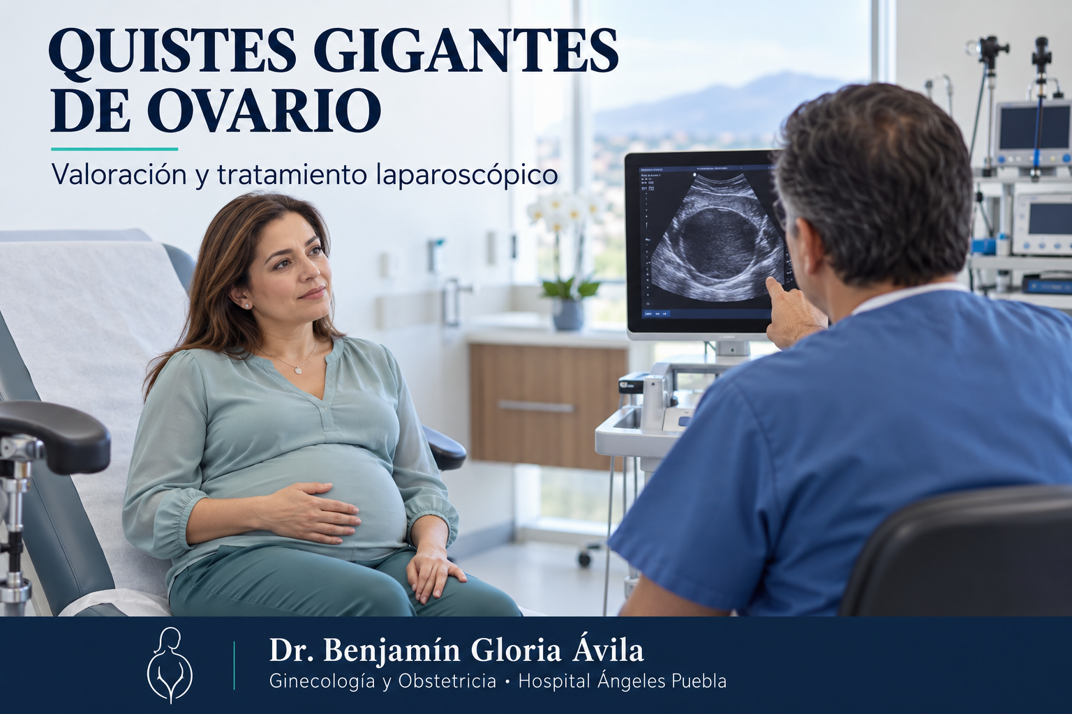 Paciente con distensión abdominal durante valoración ginecológica por quiste gigante de ovario en Puebla.