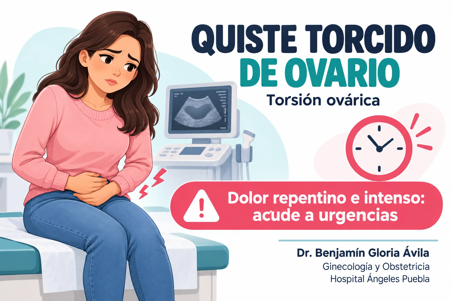 Quiste torcido de ovario: síntomas y tratamiento de la torsión ovárica Caricatura de una mujer con dolor abdominal junto a una advertencia sobre torsión ovárica.