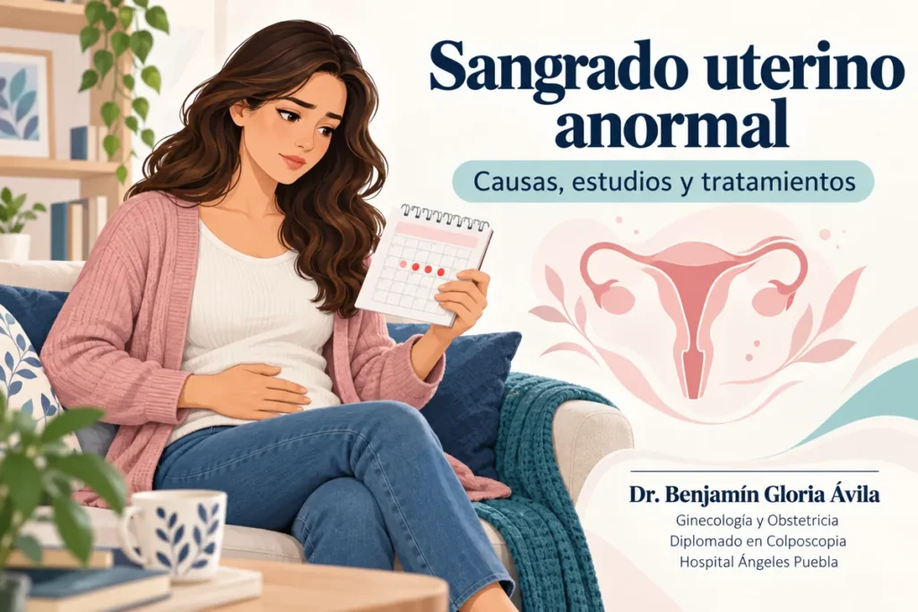 Sangrado uterino anormal: causas, estudios y tratamientos en Puebla Ilustración de una mujer con molestia abdominal y calendario menstrual para un artículo sobre sangrado uterino anormal.