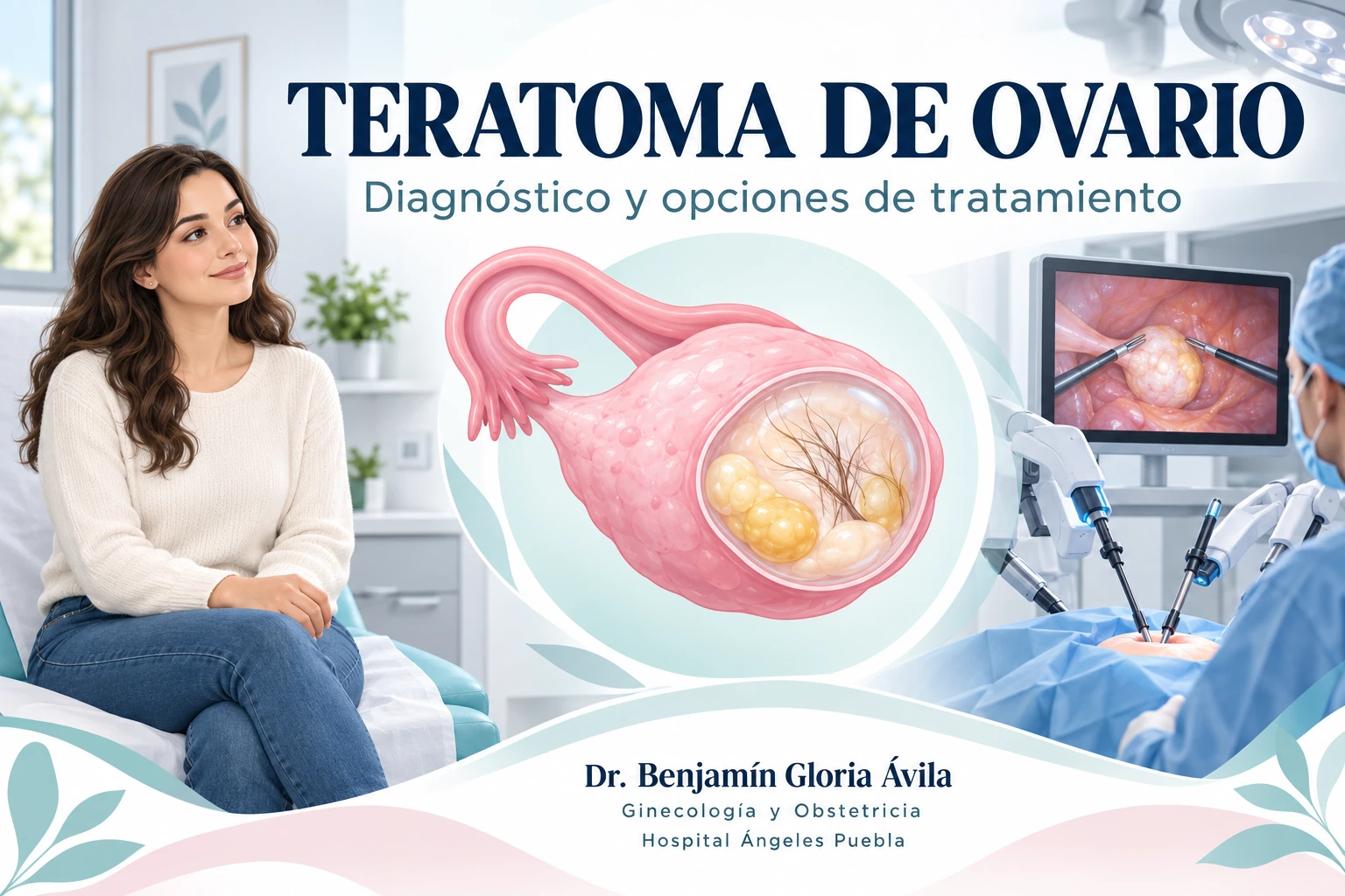 Ilustración de una mujer, un ovario con quiste dermoide y equipo de cirugía robótica.