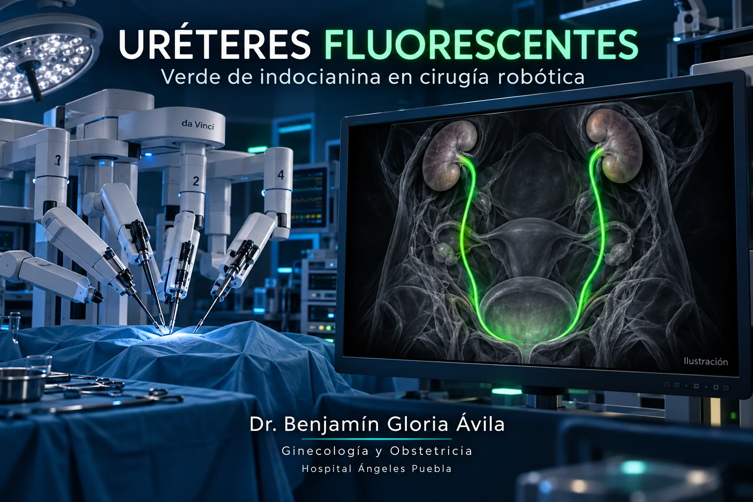 Ilustración del robot da Vinci junto a una pantalla que muestra el trayecto de ambos uréteres resaltado en verde fluorescente.